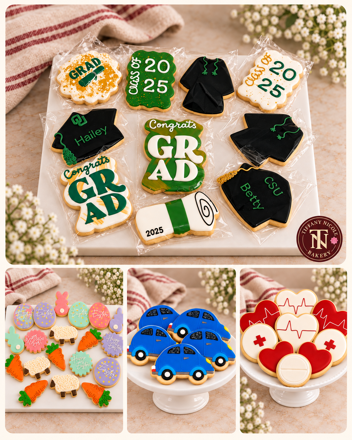 Tiffany Nicole Bakery custom sugar cookie collage featuring graduation, Easter, blue car, and nurse-themed cookies with the bakery logo