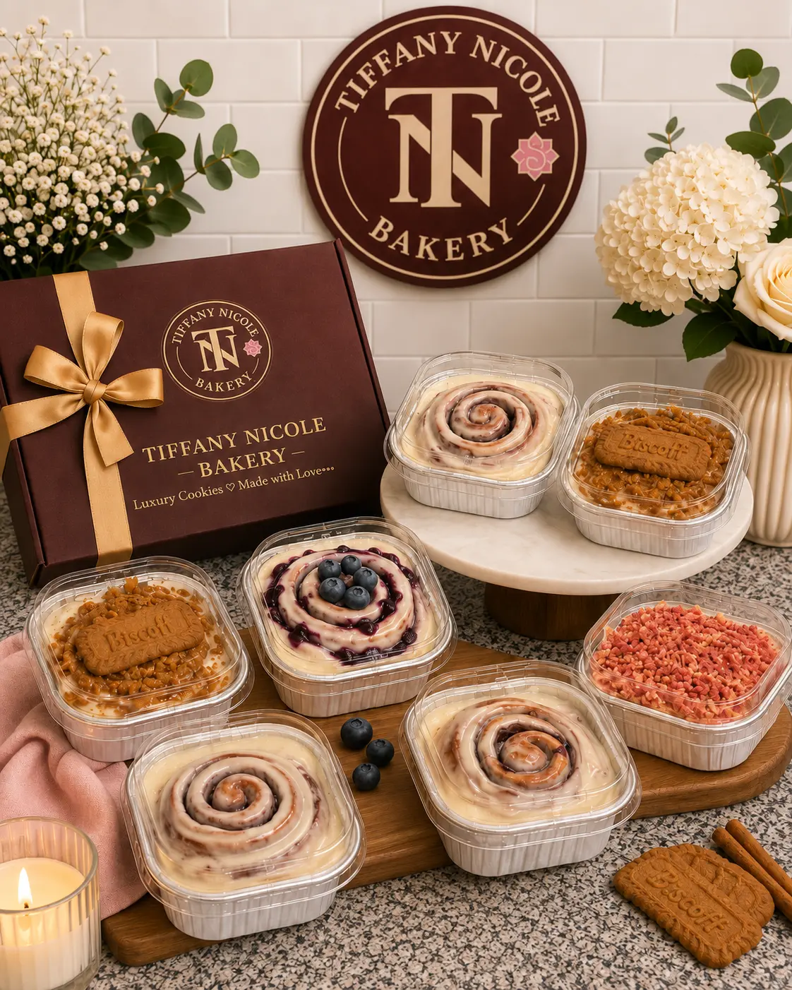 Assorted Tiffany Nicole Bakery cinnamon rolls in individual containers with a branded gift box