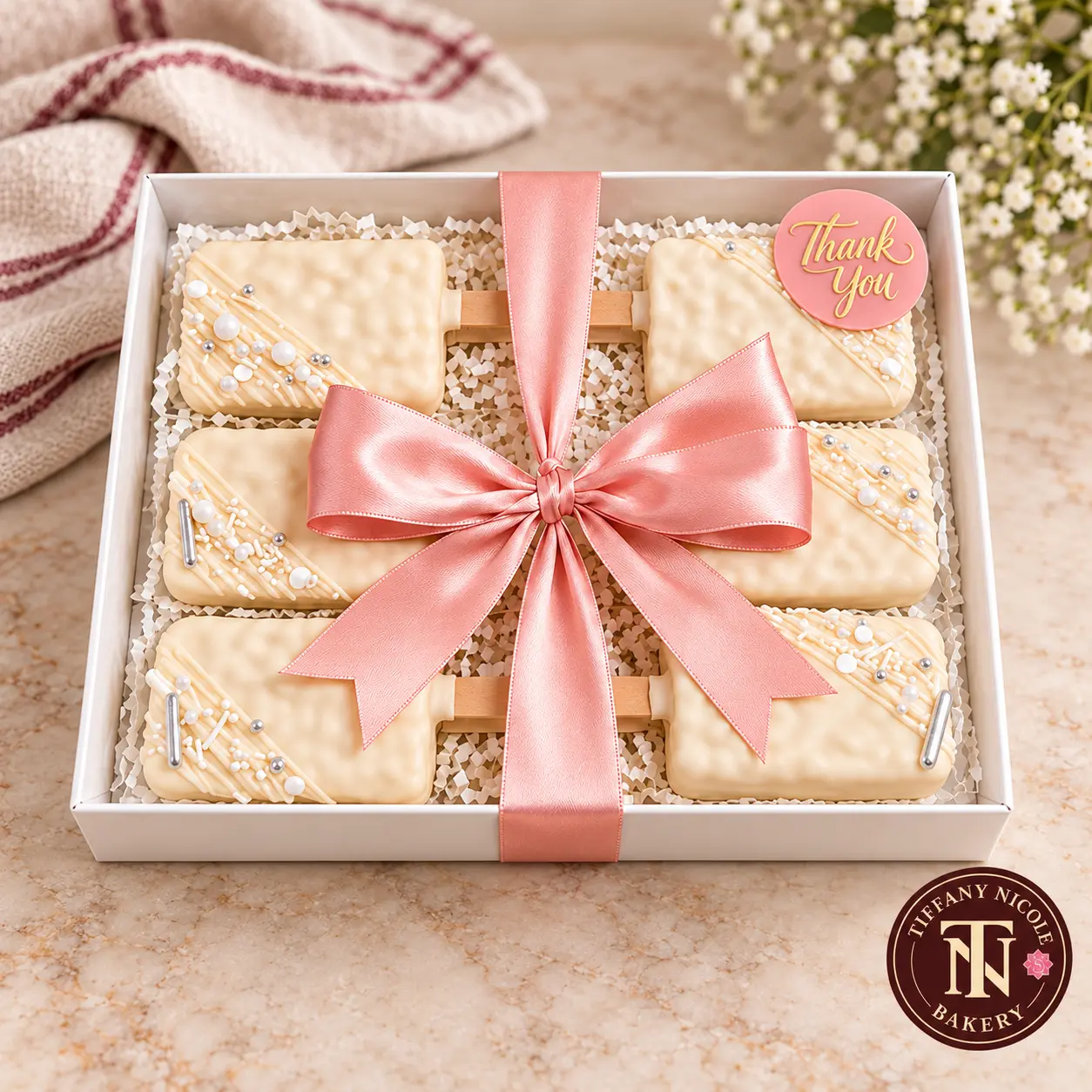 White chocolate dipped Rice Krispie treats in a thank-you gift box with pink ribbon and the Tiffany Nicole Bakery logo